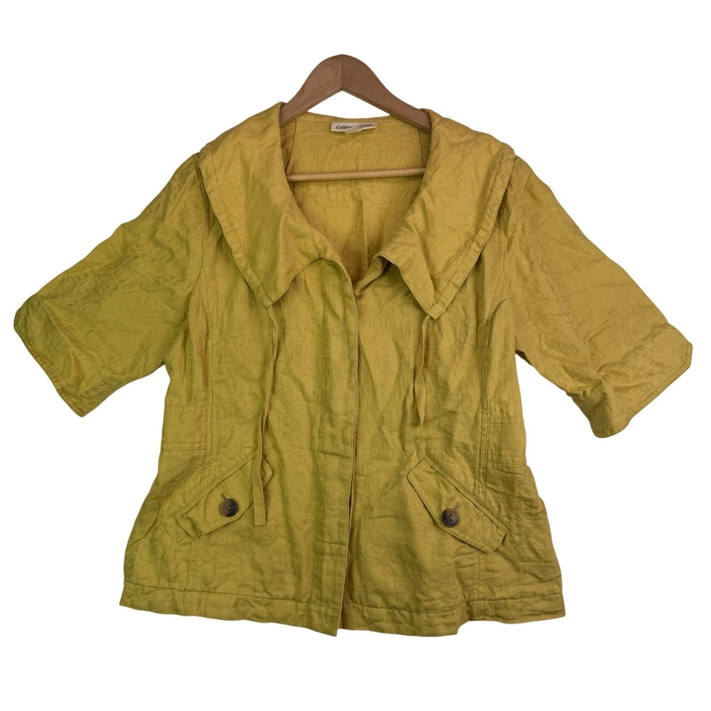 COLDWATER CREEK Lightweight Jacket Blouse 3/4 Sleeve Floral Brocade Yellow Sz 12